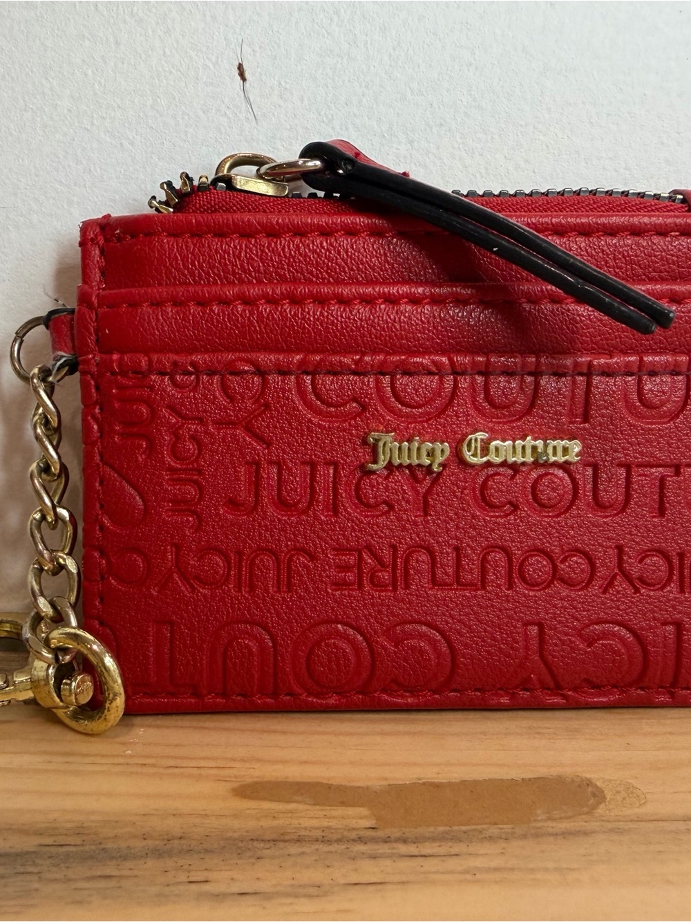 Juicy Couture Red Embossed Card Holder with Gold Chain